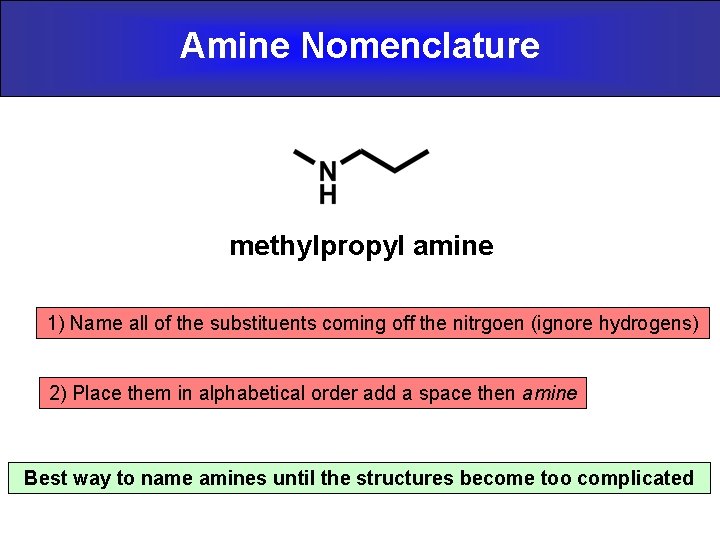 Amine Nomenclature methylpropyl amine 1) Name all of the substituents coming off the nitrgoen