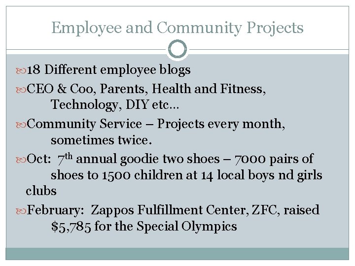 Employee and Community Projects 18 Different employee blogs CEO & Coo, Parents, Health and