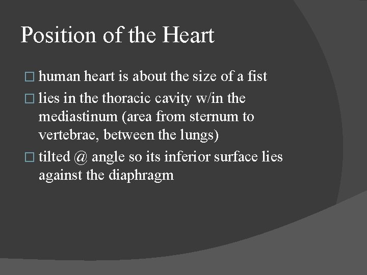 Position of the Heart � human heart is about the size of a fist