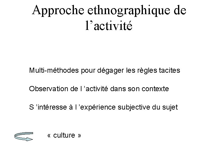 Approche ethnographique de l’activité Multi-méthodes pour dégager les règles tacites Observation de l ’activité