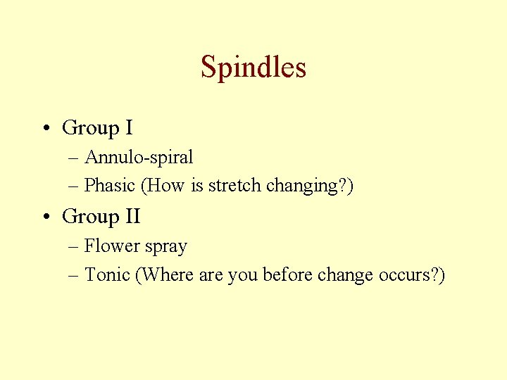 Spindles • Group I – Annulo-spiral – Phasic (How is stretch changing? ) •