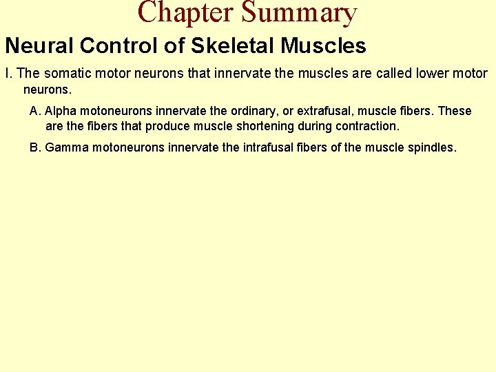 Chapter Summary Neural Control of Skeletal Muscles I. The somatic motor neurons that innervate