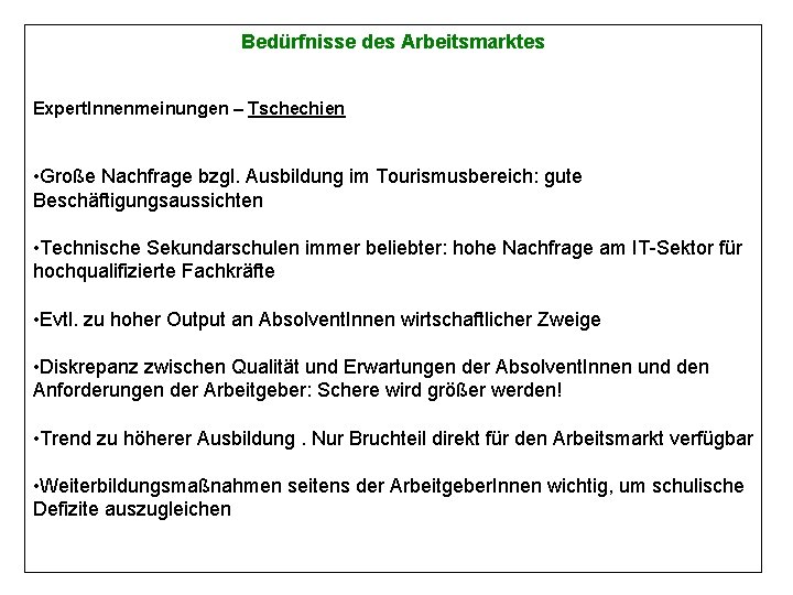 Bedürfnisse des Arbeitsmarktes Expert. Innenmeinungen – Tschechien • Große Nachfrage bzgl. Ausbildung im Tourismusbereich: