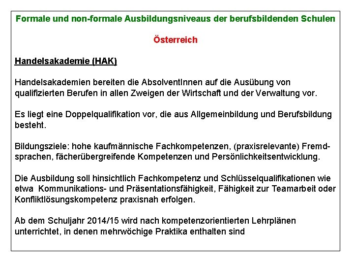 Formale und non-formale Ausbildungsniveaus der berufsbildenden Schulen Österreich Handelsakademie (HAK) Handelsakademien bereiten die Absolvent.