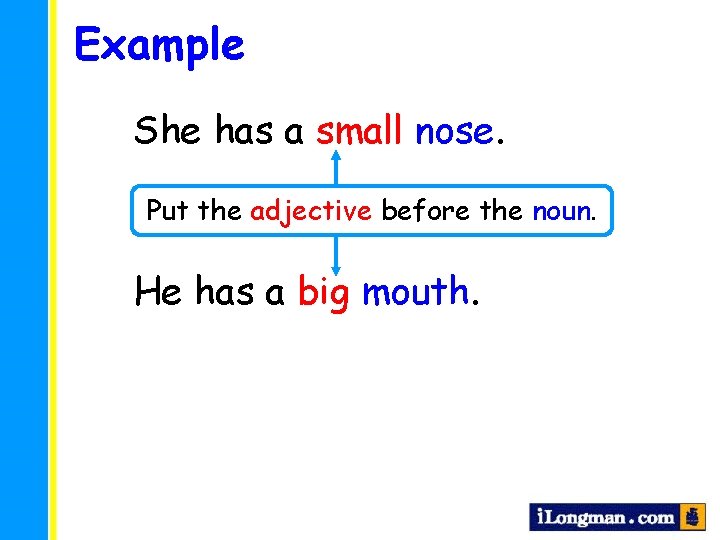 Example She has a small nose. Put the adjective before the noun. He has