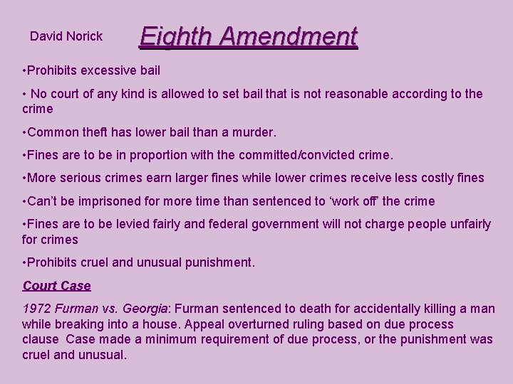 David Norick Eighth Amendment • Prohibits excessive bail • No court of any kind