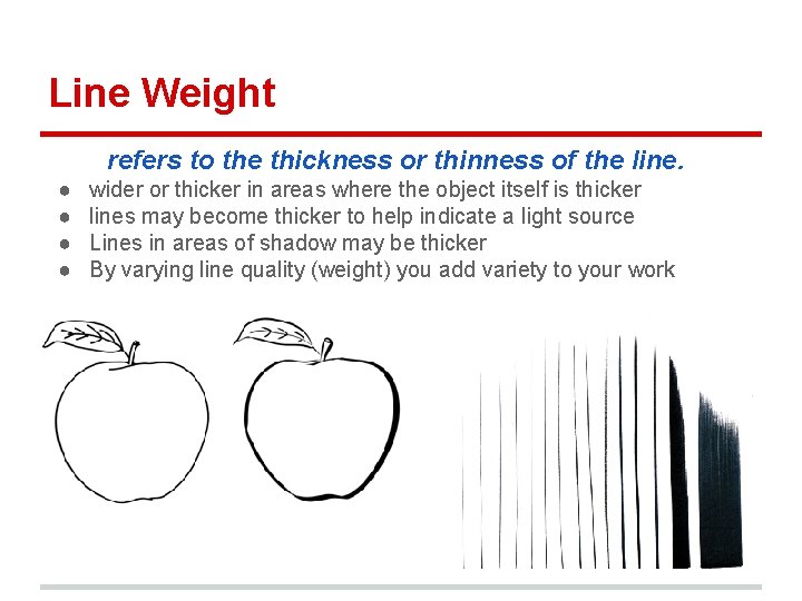 Line Weight refers to the thickness or thinness of the line. ● ● wider