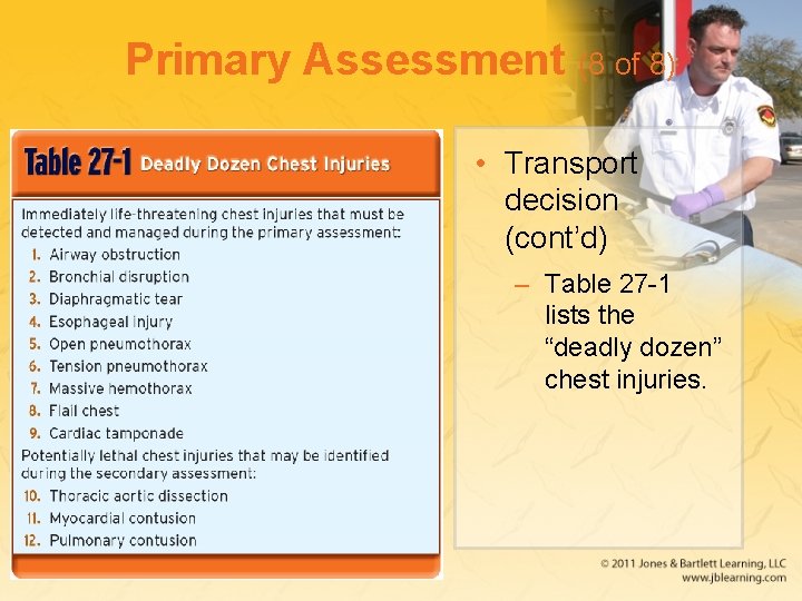 Primary Assessment (8 of 8) • Transport decision (cont’d) – Table 27 -1 lists