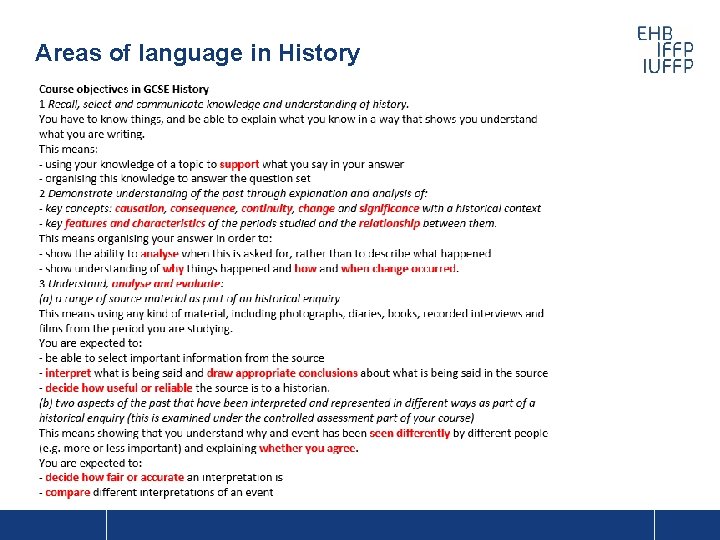 Areas of language in History 