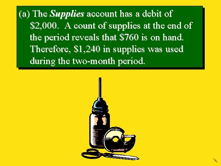 (a) The Supplies account has a debit of $2, 000. A count of supplies