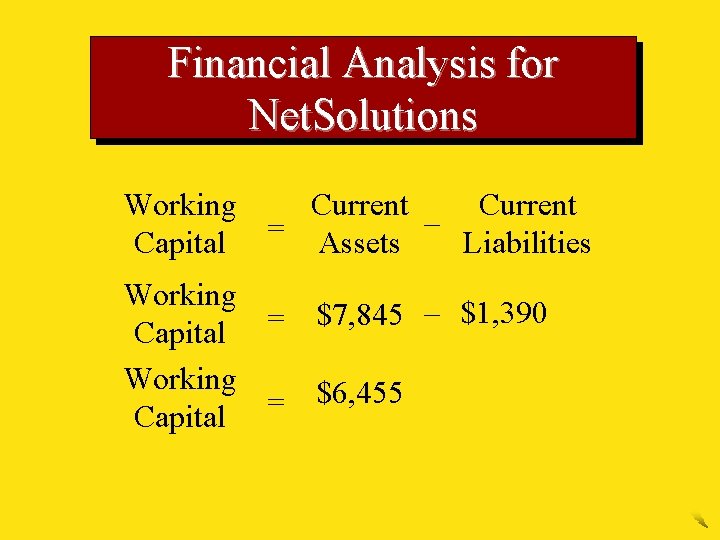 Financial Analysis for Net. Solutions Working Current – = Capital Assets Liabilities Working $7,