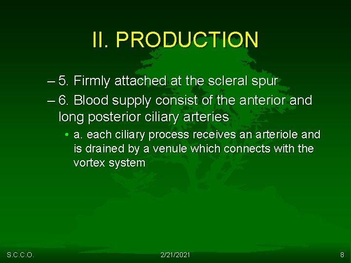 II. PRODUCTION – 5. Firmly attached at the scleral spur – 6. Blood supply