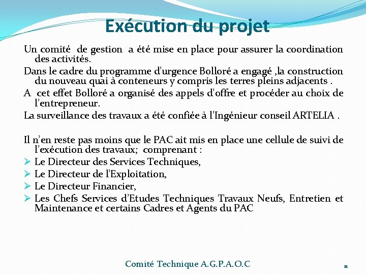 Exécution du projet Un comité de gestion a été mise en place pour assurer