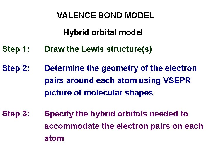 VALENCE BOND MODEL Hybrid orbital model Step 1: Draw the Lewis structure(s) Step 2: