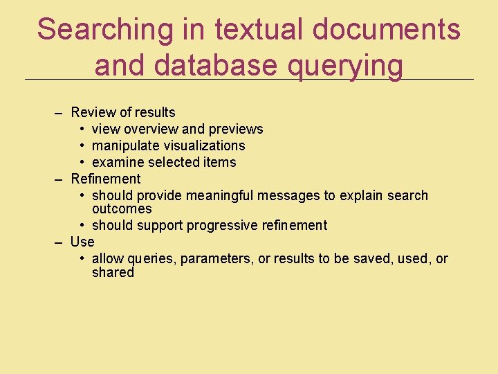 Searching in textual documents and database querying – Review of results • view overview