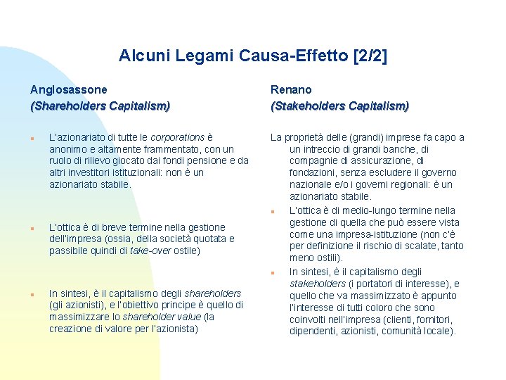 Alcuni Legami Causa-Effetto [2/2] Anglosassone (Shareholders Capitalism) n n n L’azionariato di tutte le