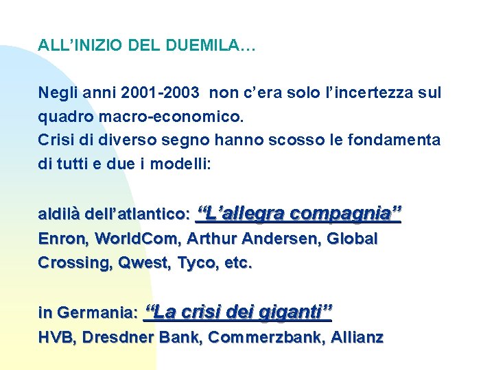 ALL’INIZIO DEL DUEMILA… Negli anni 2001 -2003 non c’era solo l’incertezza sul quadro macro-economico.