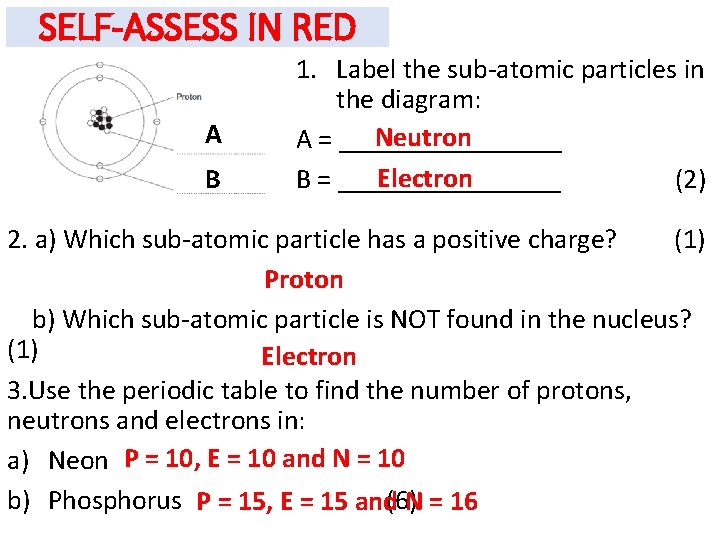 SELF-ASSESS IN RED A B 1. Label the sub-atomic particles in the diagram: Neutron