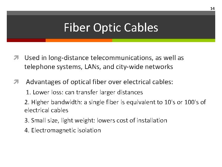14 Fiber Optic Cables Used in long-distance telecommunications, as well as telephone systems, LANs,