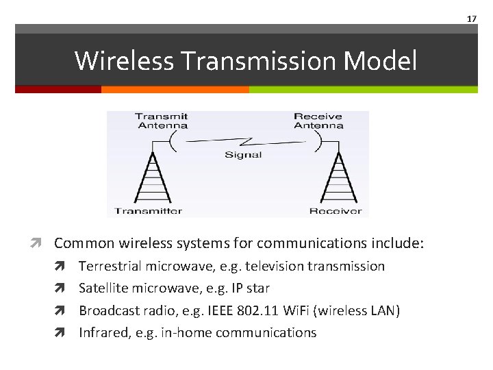 17 Wireless Transmission Model Common wireless systems for communications include: Terrestrial microwave, e. g.