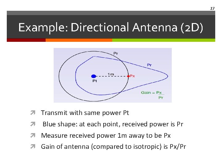 27 Example: Directional Antenna (2 D) Transmit with same power Pt Blue shape: at