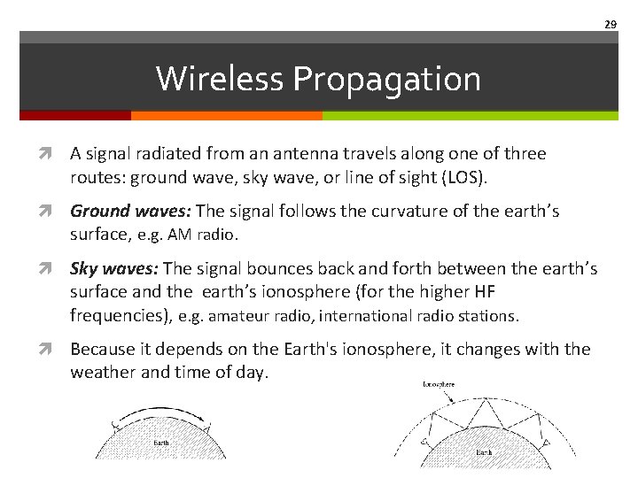 29 Wireless Propagation A signal radiated from an antenna travels along one of three