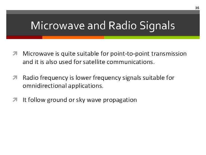 36 Microwave and Radio Signals Microwave is quite suitable for point-to-point transmission and it