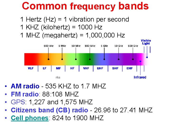 Common frequency bands 1 Hertz (Hz) = 1 vibration per second 1 KHZ (kilohertz)
