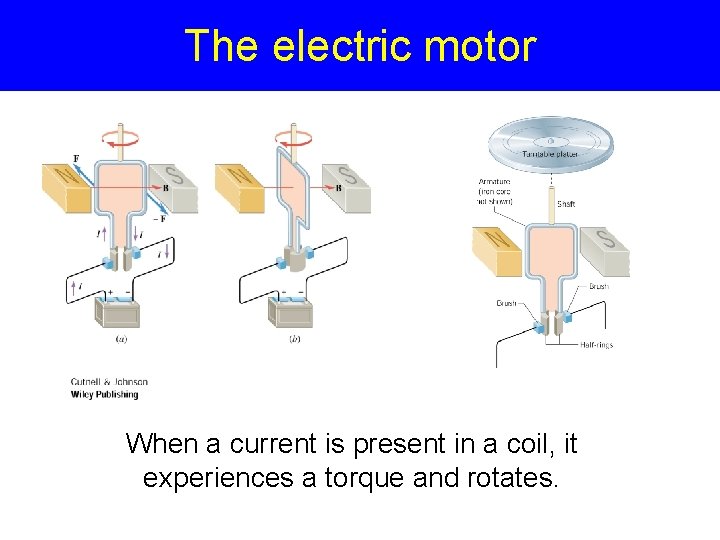 The electric motor When a current is present in a coil, it experiences a
