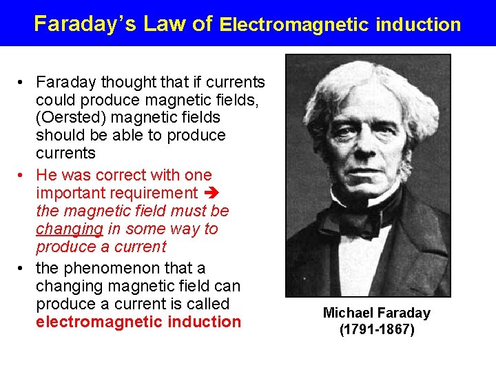 Faraday’s Law of Electromagnetic induction • Faraday thought that if currents could produce magnetic