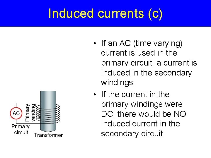 Induced currents (c) • If an AC (time varying) current is used in the