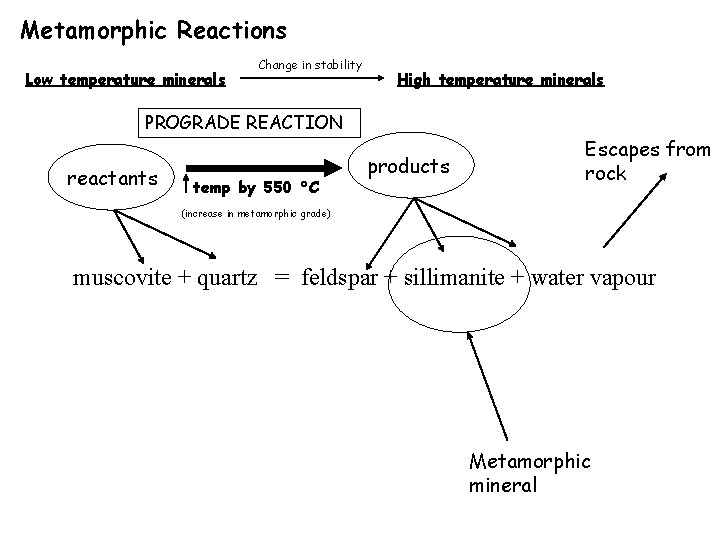 Metamorphic Reactions Low temperature minerals Change in stability High temperature minerals PROGRADE REACTION reactants