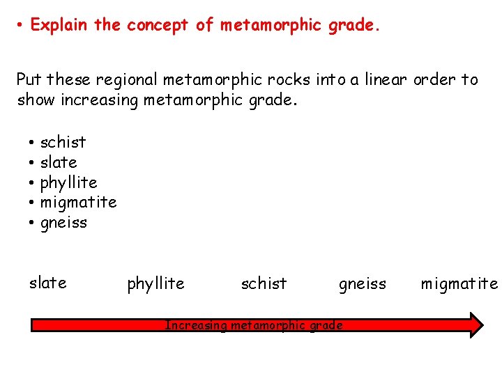  • Explain the concept of metamorphic grade. Put these regional metamorphic rocks into
