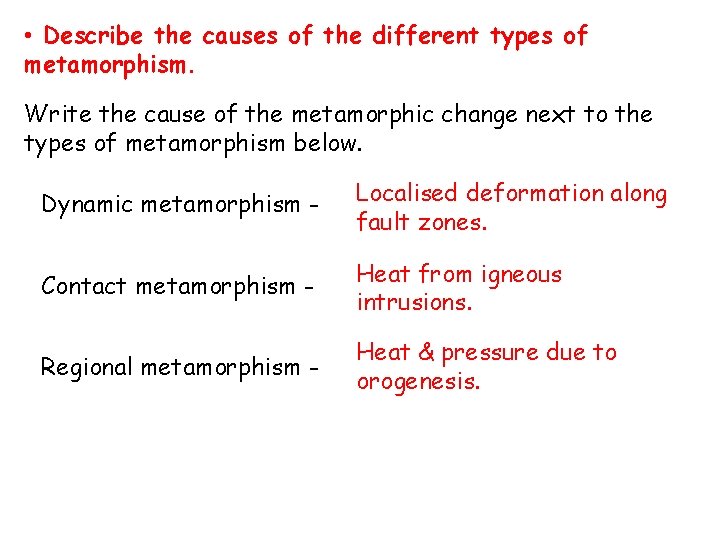  • Describe the causes of the different types of metamorphism. Write the cause