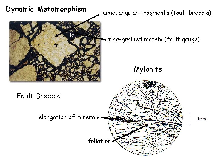 Dynamic Metamorphism large, angular fragments (fault breccia) fine-grained matrix (fault gouge) Mylonite Fault Breccia