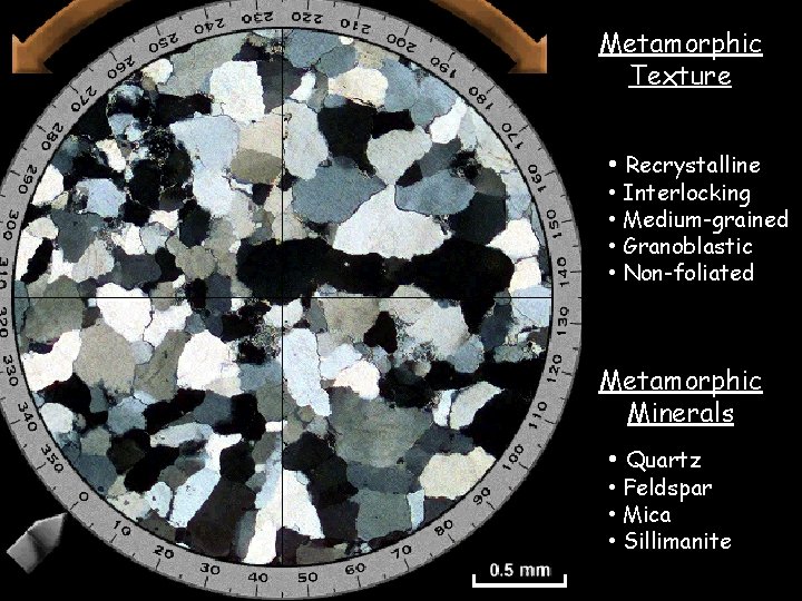 Metamorphic Texture • Recrystalline • Interlocking • Medium-grained • Granoblastic • Non-foliated Metamorphic Minerals
