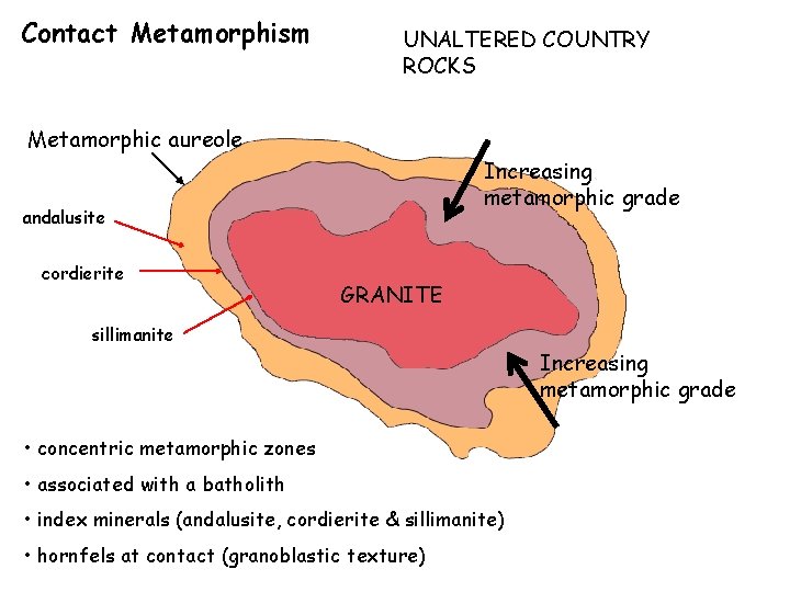 Contact Metamorphism UNALTERED COUNTRY ROCKS Metamorphic aureole Increasing metamorphic grade andalusite cordierite GRANITE sillimanite