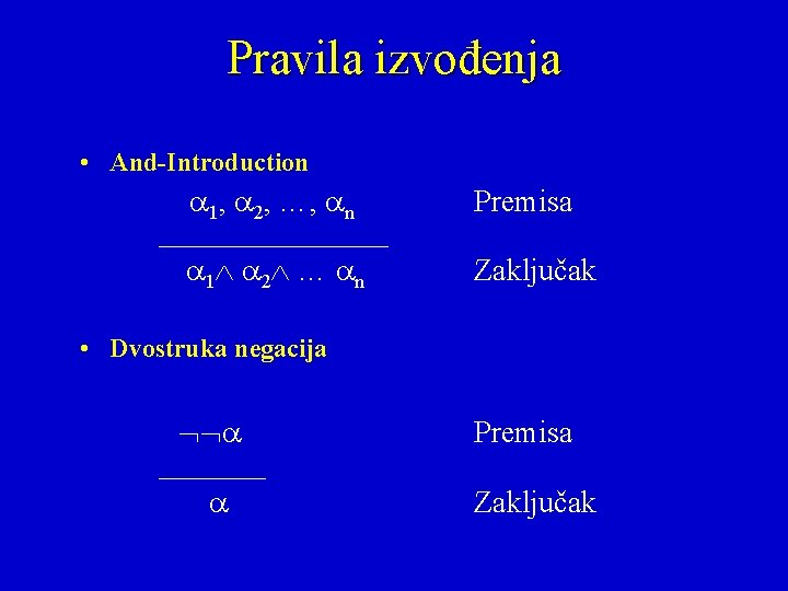 Pravila izvođenja • And-Introduction 1, 2, …, n ________ 1 2 … n Premisa