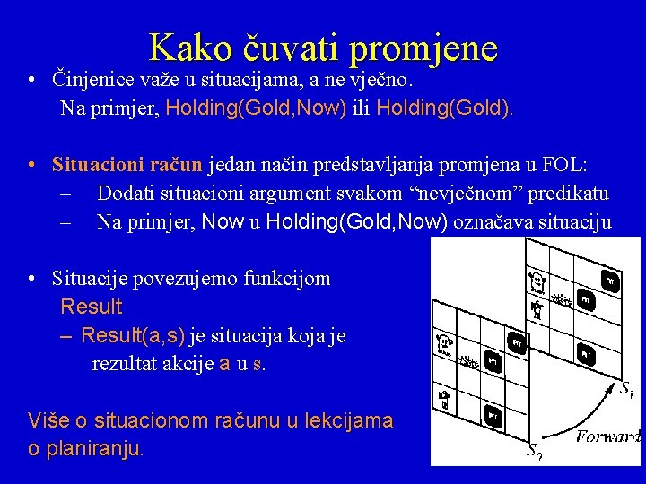 Kako čuvati promjene • Činjenice važe u situacijama, a ne vječno. Na primjer, Holding(Gold,