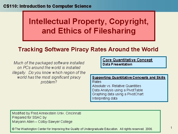 CS 110: Introduction to Computer Science Intellectual Property, Copyright, and Ethics of Filesharing Tracking