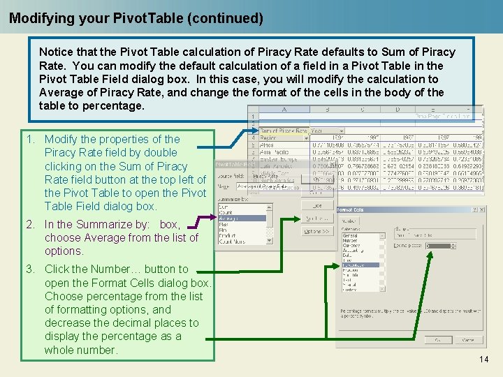 Modifying your Pivot. Table (continued) Notice that the Pivot Table calculation of Piracy Rate