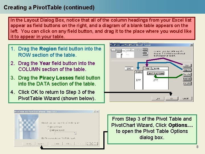 Creating a Pivot. Table (continued) In the Layout Dialog Box, notice that all of