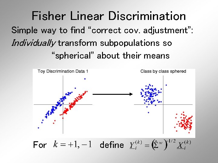Fisher Linear Discrimination Simple way to find “correct cov. adjustment”: Individually transform subpopulations so