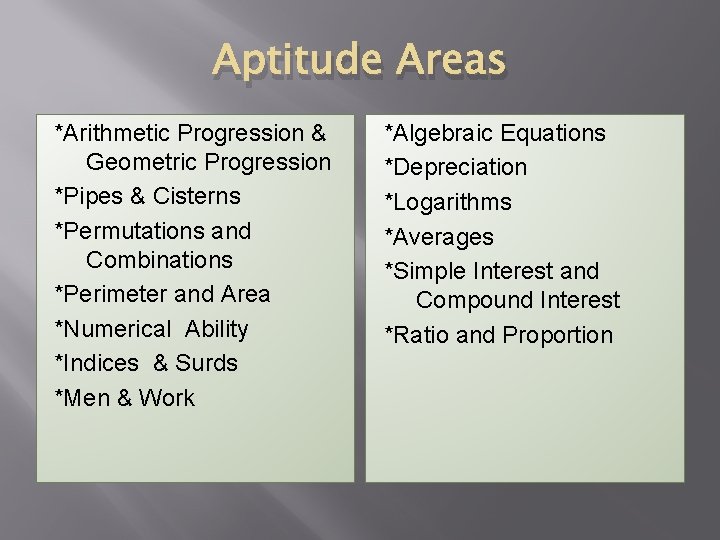 Aptitude Areas *Arithmetic Progression & Geometric Progression *Pipes & Cisterns *Permutations and Combinations *Perimeter