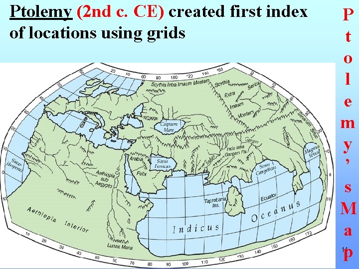 Ptolemy (2 nd c. CE) created first index of locations using grids P t