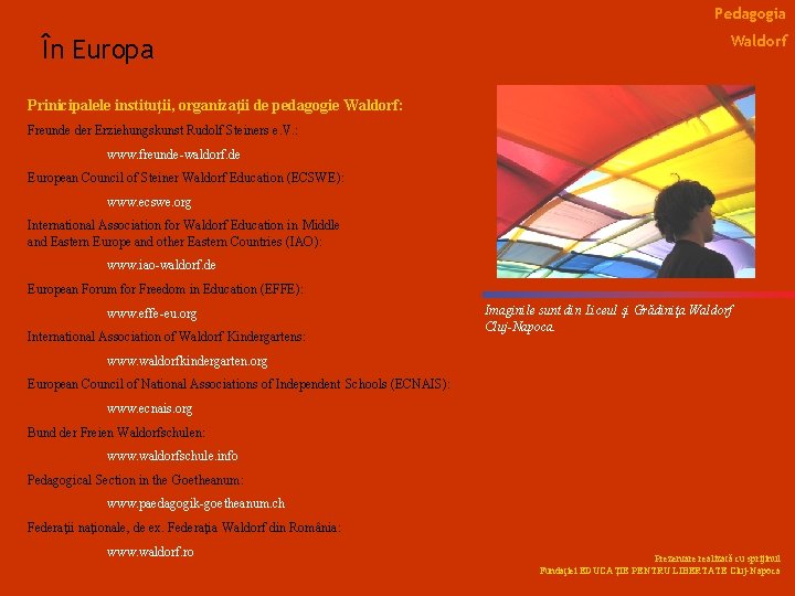 Pedagogia În Europa Waldorf Prinicipalele instituţii, organizaţii de pedagogie Waldorf: Freunde der Erziehungskunst Rudolf