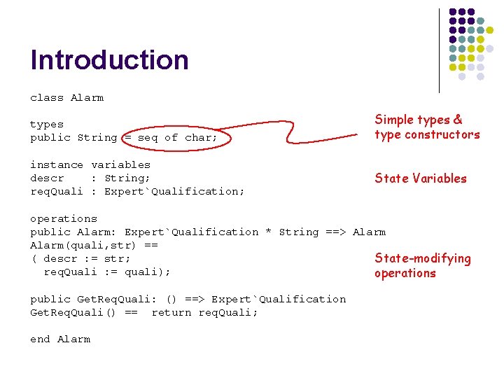 Introduction class Alarm types public String = seq of char; Simple types & type