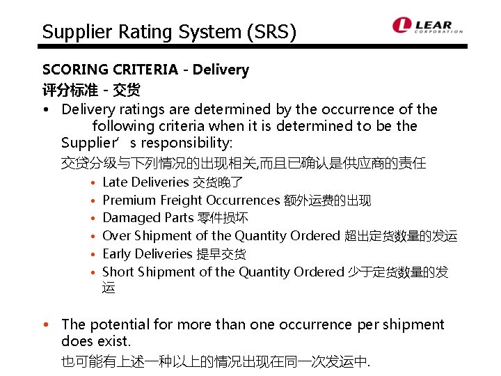 Supplier Rating System (SRS) SCORING CRITERIA - Delivery 评分标准 - 交货 • Delivery ratings