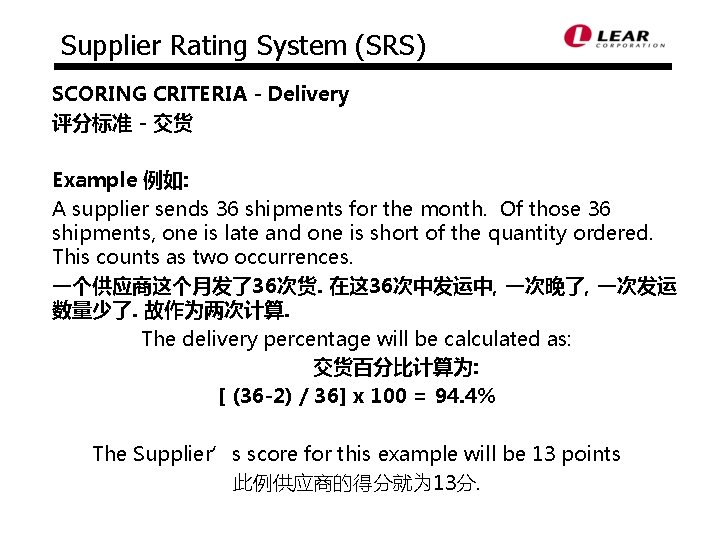 Supplier Rating System (SRS) SCORING CRITERIA - Delivery 评分标准 - 交货 Example 例如: A