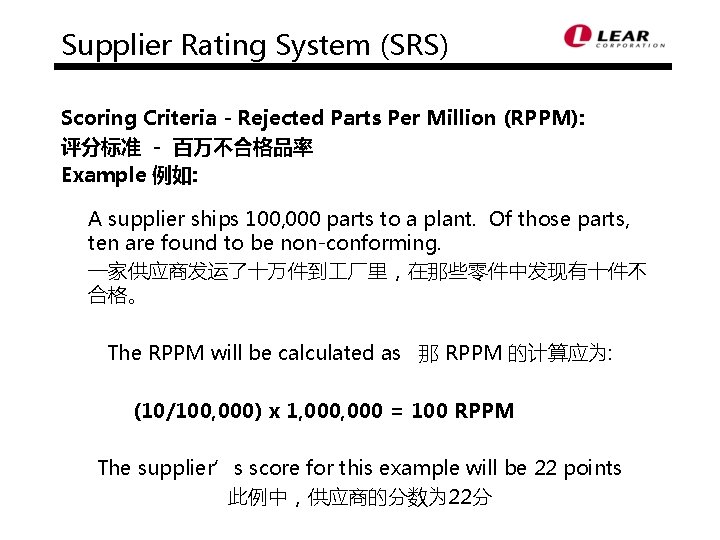 Supplier Rating System (SRS) Scoring Criteria - Rejected Parts Per Million (RPPM): 评分标准 －